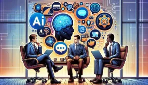 AI generated image of three businessmen discussing AI.